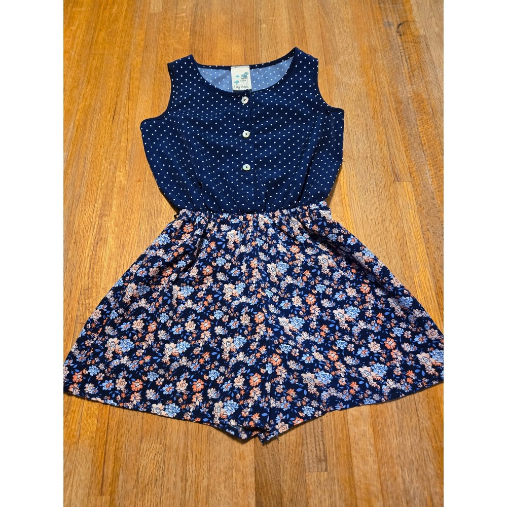 Lily Bleu Girls Small 7/8 Navy Pink Polka Dot Floral Button Sleeveless Romper